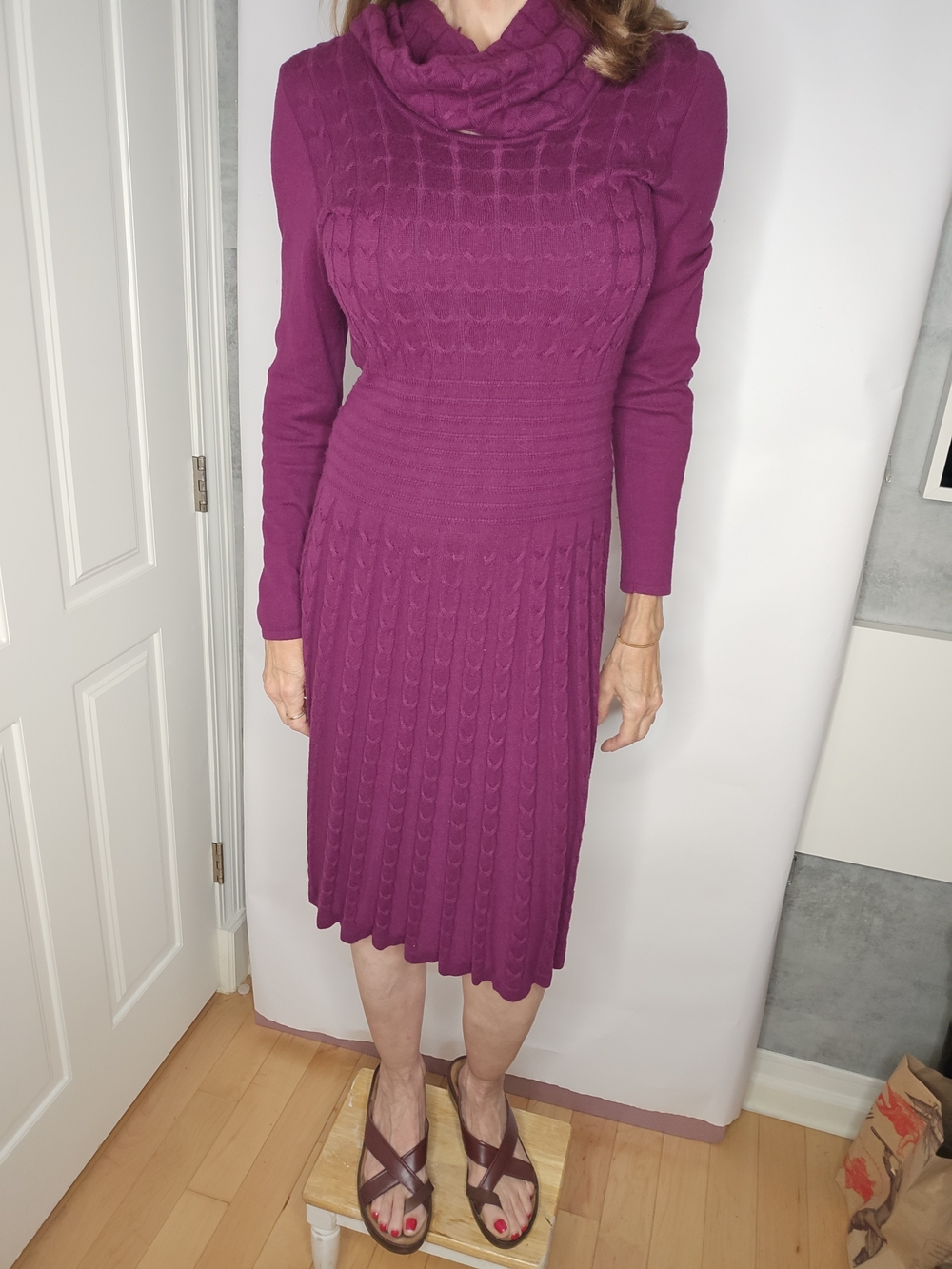 Women’s Cable-Knit Sweater Dress - With Removeable Matching Cowl Scarf. Plum.